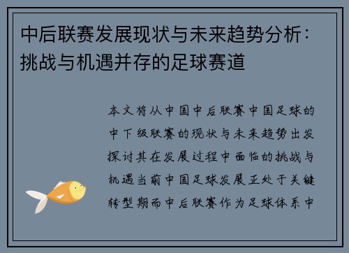 中后联赛发展现状与未来趋势分析：挑战与机遇并存的足球赛道